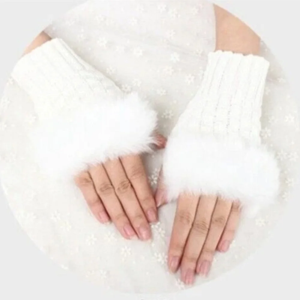 Red Faux Fur Fingerless Magic Stretchy Cropped Warm Winter Sweater Knit Gloves